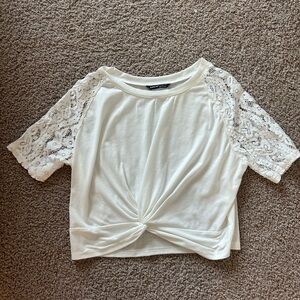 Cross front lace sleeve white cropped shirt size L